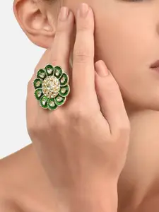 Zaveri Pearls Gold-Plated Green & White Kundan-Studded Meenakari Adjustable Finger Ring