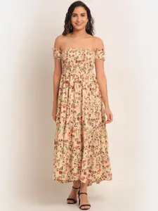 Aawari Cream-Coloured Floral Off-Shoulder Maxi Dress