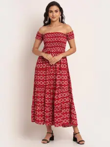Aawari Red Floral Off-Shoulder Midi Dress