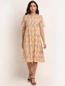 Aawari Cream-Coloured & Pink Ethnic Motifs A-Line Dress