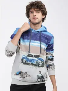 HIGHLANDER Men Grey & Blue Printed Hooded Sweatshirt