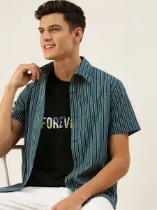 FOREVER 21 Men Blue & Black Striped Casual Shirt