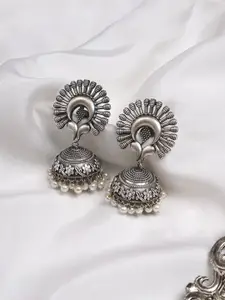 TEEJH Silver-Toned Oxidised Dome Shaped Jhumkas
