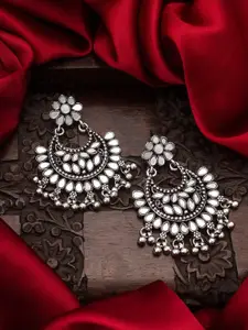 aadita Silver-Toned & Plated Oval AD-Studded Chandbalis Mirror Earrings