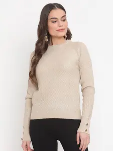 Madame Women Beige Self Design Pullover Sweater