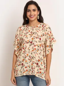 Aawari Cream-Coloured & Red Floral Print Keyhole Neck Top