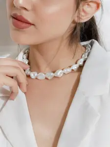 ToniQ White Gold-Plated Baroque Pearl Choker Necklace