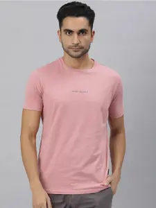 RARE RABBIT Men Pink Brand Logo Printed Pure Cotton Slim Fit T-shirt