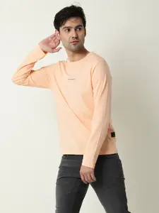 RARE RABBIT Men Peach-Coloured Brand Logo Pure Cotton Slim Fit T-shirt
