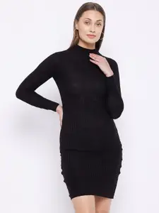 JUMP USA Women Black Ribbed High Neck Pure Acrylic Sweater Dress