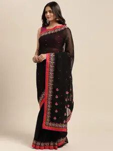 Sugathari Black & Pink Embellished Embroidered Saree