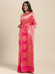 Sugathari Pink & Gold-Toned Woven Design Silk Blend Kanjeevaram Saree
