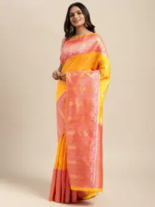 Sugathari Yellow & Pink Woven Design Silk Blend Kanjeevaram Saree