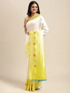 Sugathari White & Yellow Woven Design Silk Blend Banarasi Saree