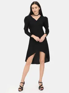 STYL CO. STYL CO Black Solid V-Neck Puff Sleeves Gathered or Pleated Viscose Rayon A-Line Dress