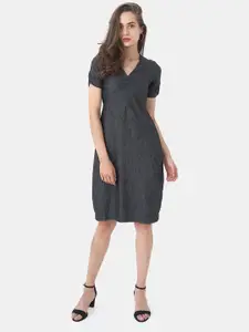 STYL CO. Grey Self-Design Ruched A-Line Dress