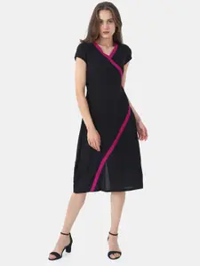STYL CO. STYL CO Black Solid V-Neck Regular Sleeves Casual A-Line Knee Length Dress