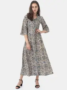 STYL CO. STYL CO Beige & Blue Ajrakh Printed Mandarin Collar Flared Sleeves Cotton A-Line Dress