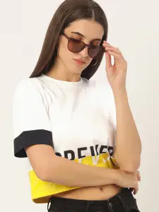 FOREVER 21 Bright White & Yellow Brand Logo Round Neck Regular Sleeves Boxy Crop Top