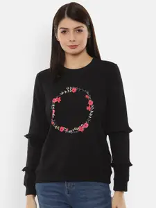 Van Heusen Woman Women Black Floral Printed Sweatshirt with Ruffle Detail
