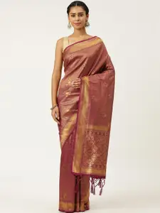 KARAGIRI Burgundy & Gold-Coloured Ethnic Motifs Zari Silk Blend Kanjeevaram Saree