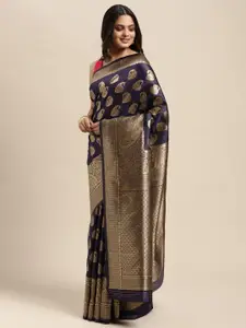 Sugathari Navy Blue & Silver-Toned Woven Design Silk Blend Banarasi Saree