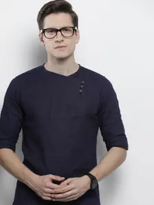 The Indian Garage Co Men Navy Blue Solid Angrakha Straight Kurta