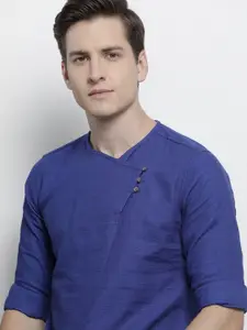 The Indian Garage Co Men Blue Solid Angrakha Straight Kurta