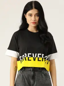 FOREVER 21 Women Brand Logo Printed Drop-Shoulder Sleeves Boxy T-shirt