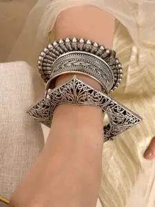 TEEJH Women Silver-Toned Brass Oxidised Silver-Plated Bangle-Style Bracelet