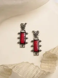 TEEJH Silver-Plated & Red Oxidised Peacock Shaped Drop Earrings