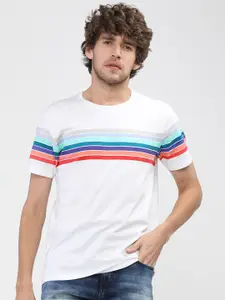 HIGHLANDER Men White & Multicoloured Striped Slim Fit T-shirt