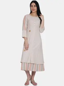 Be Indi Beige & Pink Striped Ethnic A-Line Midi Dress