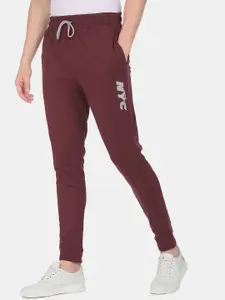 Arrow Sport Men Maroon Solid Pure Cotton Straight-Fit Mid-Rise Joggers with Printed Detail