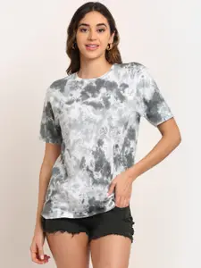 Ennoble Women Grey & White Dyed Drop-Shoulder Sleeves Raw Edge Loose T-shirt