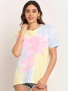 Ennoble Women Pink & Yellow Tie and Dye Pure Cotton Loose T-shirt
