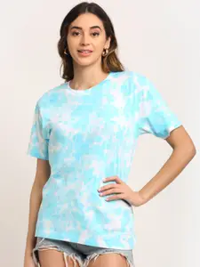 Ennoble Women Blue & White Tie and Dye Loose Pure Cotton T-shirt