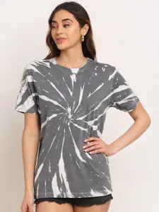 Ennoble Women Grey & White Dyed Raw Edge Loose T-shirt