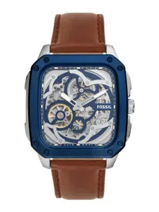 Fossil Men Silver-Toned Skeleton Dial & Brown Leather Straps Analogue Automatic ME3202