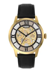 Fossil Men Gold-Toned Skeleton Dial & Black Leather Straps Analogue Automatic Watch ME3210