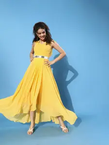 Miss Chase Women Bright Yellow Solid Ruffled Dress