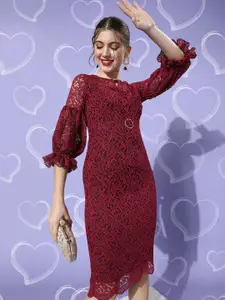 Miss Chase Women Charming Maroon Floral Lace Dress