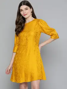 SCOUP Mustard Yellow Woven Design A-Line Dress