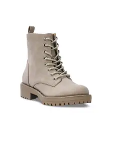 London Rag Women Beige Solid High-Top Stud Lined Biker Block Heeled Boots with Cleats
