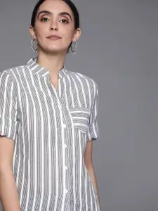 JC Mode Women Black & White Cotton Striped Casual Shirt with High-Low Hem