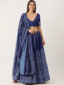 LOOKNBOOK ART Blue Printed Semi-Stitched Lehenga & Unstitched Blouse With Dupatta