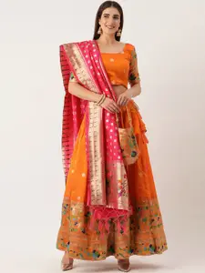 LOOKNBOOK ART Orange Semi-Stitched Lehenga & Unstitched Blouse With Dupatta