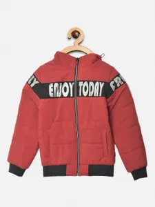 Crimsoune Club Boys Red & Black Typography Hooded Bomber Jacket