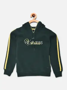 Crimsoune Club Girls Green Printed Hooded Sweatshirt