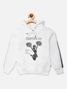 Crimsoune Club Girls White Printed Hooded Sweatshirt